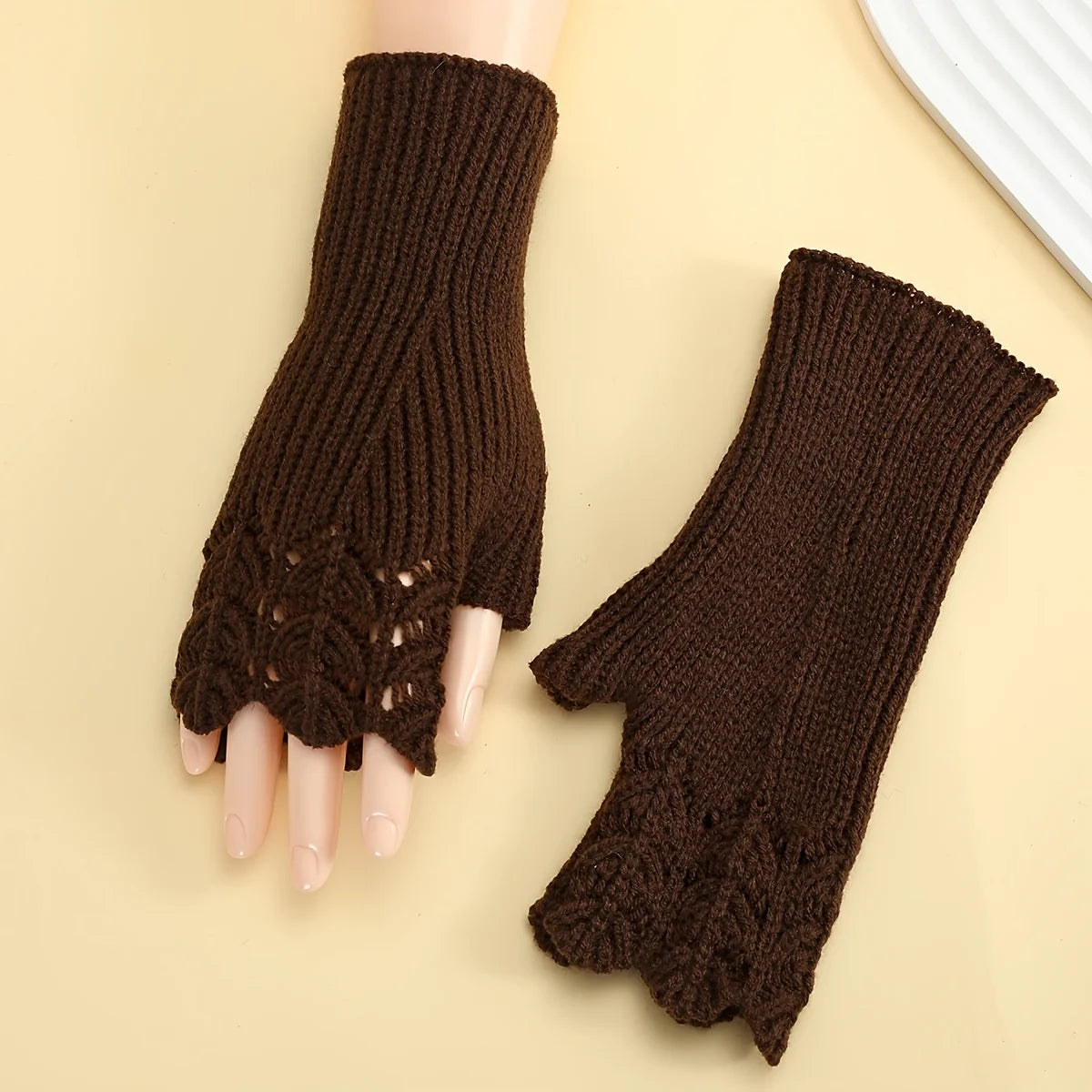 Women's Fishnet Knit Gloves – Stylish Outdoor Winter Warmth Knit Fashion Gloves Babs Coffee One Size
