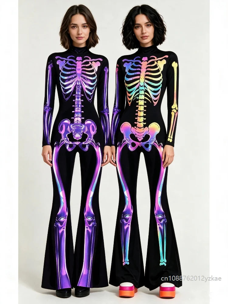 Women's Rainbow Skeleton Flared Catsuit Halloween Jumpsuit Halloween Costume Babs