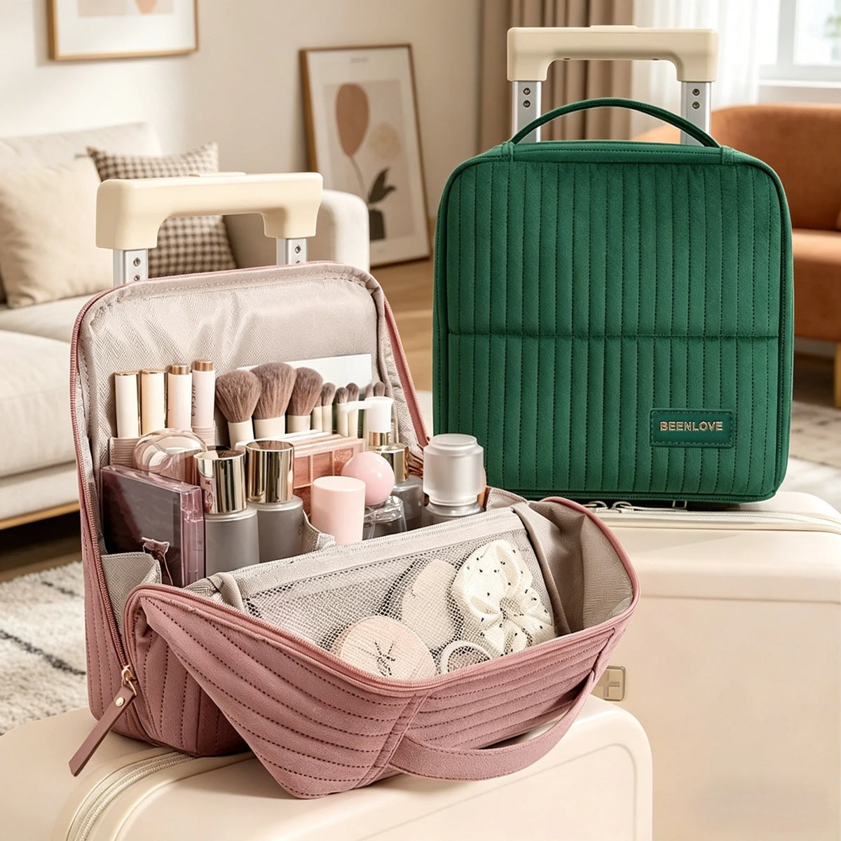 Large Capacity Vertical Travel Makeup Bag & Brush Organizer Travel Cosmetic Bag Babs