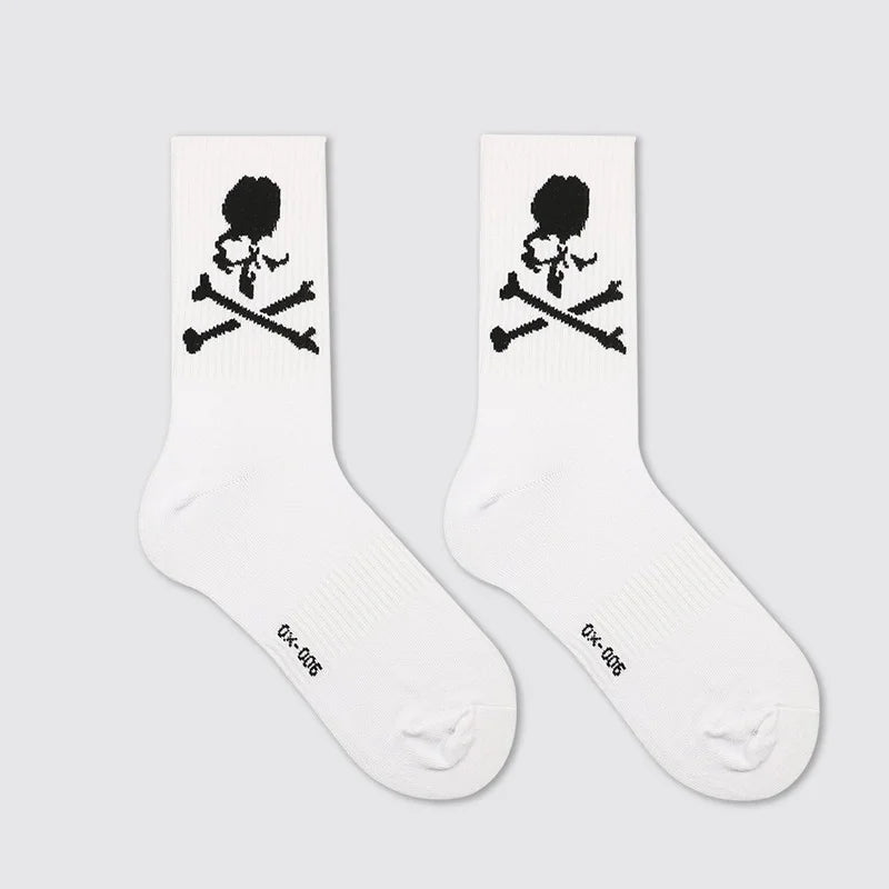 Hip Hop Skull Socks – Black & White Cotton Mid-Tube Women's Cotton Crew Socks Babs