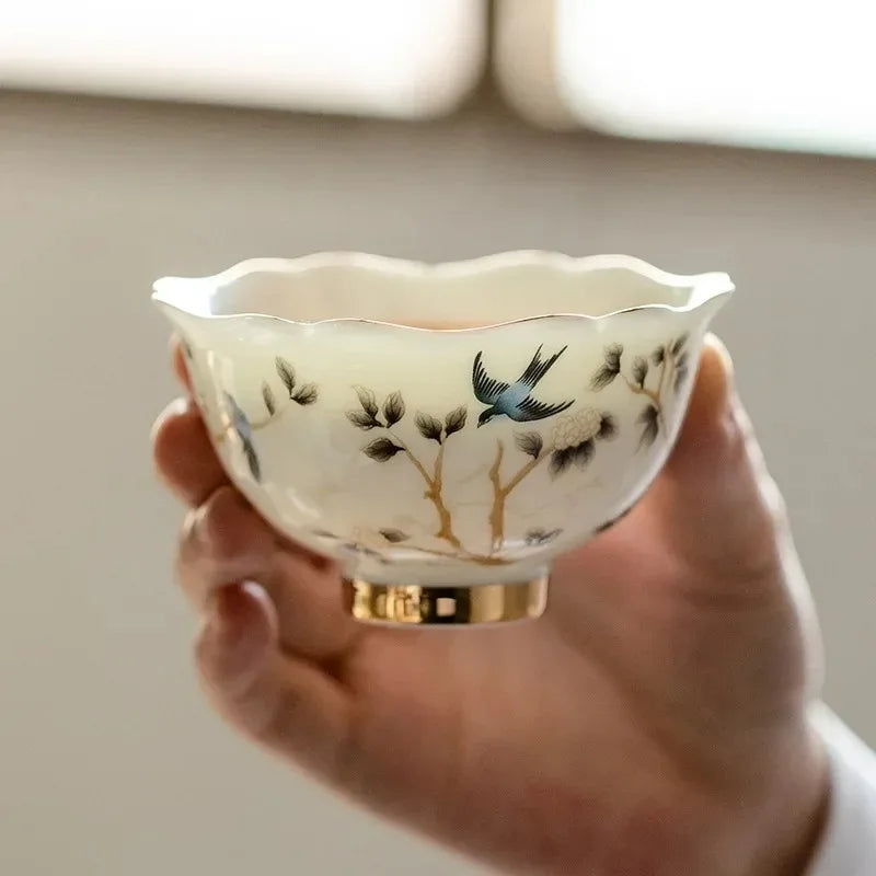 Hand Painted Magpie Blossom Ceramic Tea Cup | Gold Trim Ceramic Tea Cup Babs