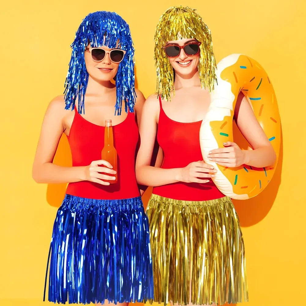 5-Piece Foil Tinsel Grass Skirt & Wig – Hawaiian Party Costume Party Costume Set Babs