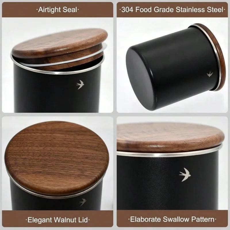 Airtight Stainless Steel Canister with Walnut Wood Lid | Tea & Coffee Food Storage Canister Babs