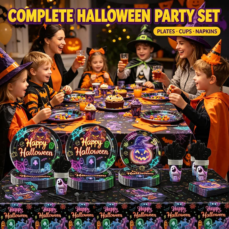 Fluorescent Halloween Party Tableware Set – Plates, Napkins & Tablecloth Disposable Party Tableware Babs