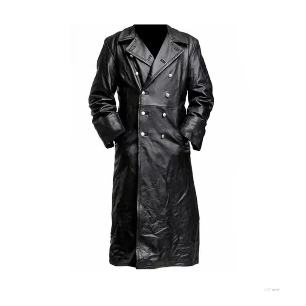 Men's Vintage Steampunk Black Leather Trench Coat Jacket Costume Trench Coat Babs