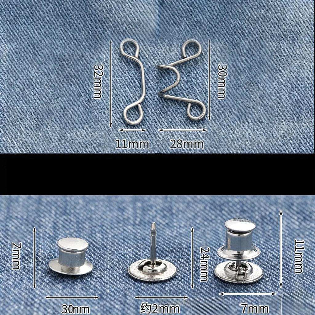 2pcs Adjustable Metal Jeans Waist Buckle – Nail-Free Snap Fastener Snap Button Fastener Babs