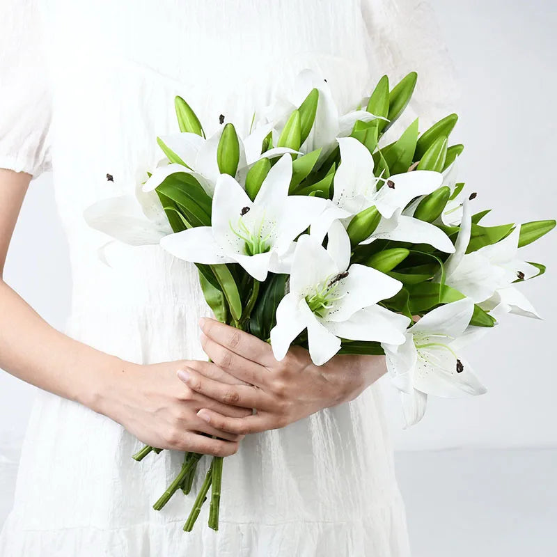 5Pcs White Lily Artificial Flowers 38cm Real Touch Bouquet Artificial Flower Stems Babs