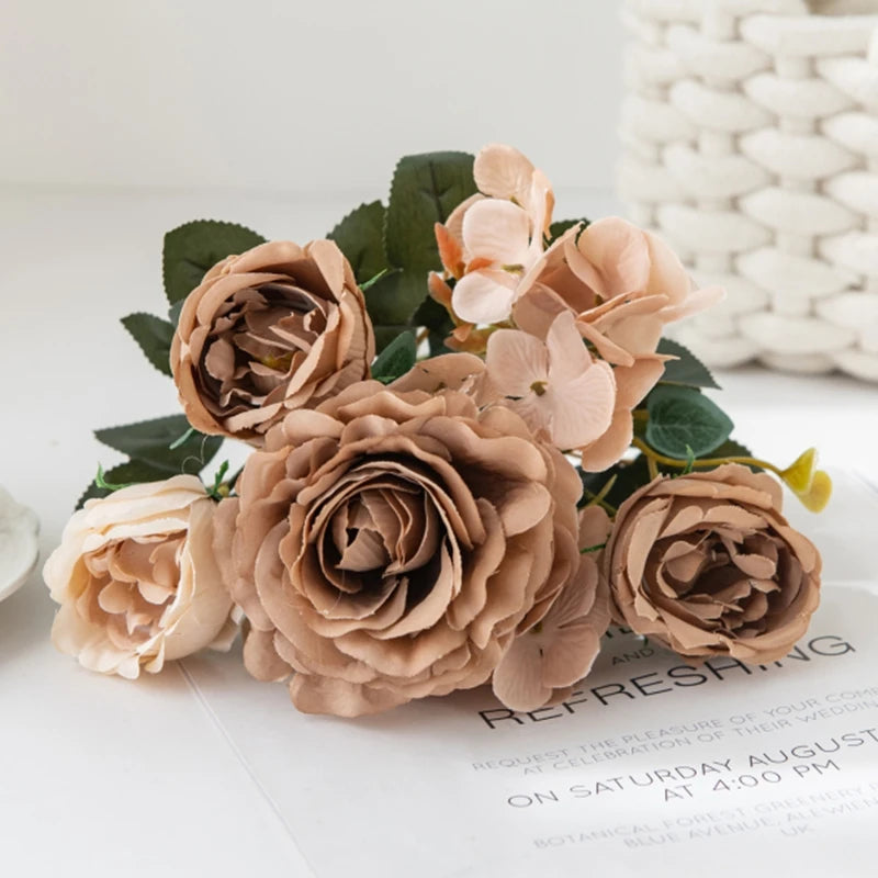 Silk Rose Peony Hydrangea Bouquet – Wedding & Home Decor Artificial Flower Bouquet Babs Dark Khaki 1pc