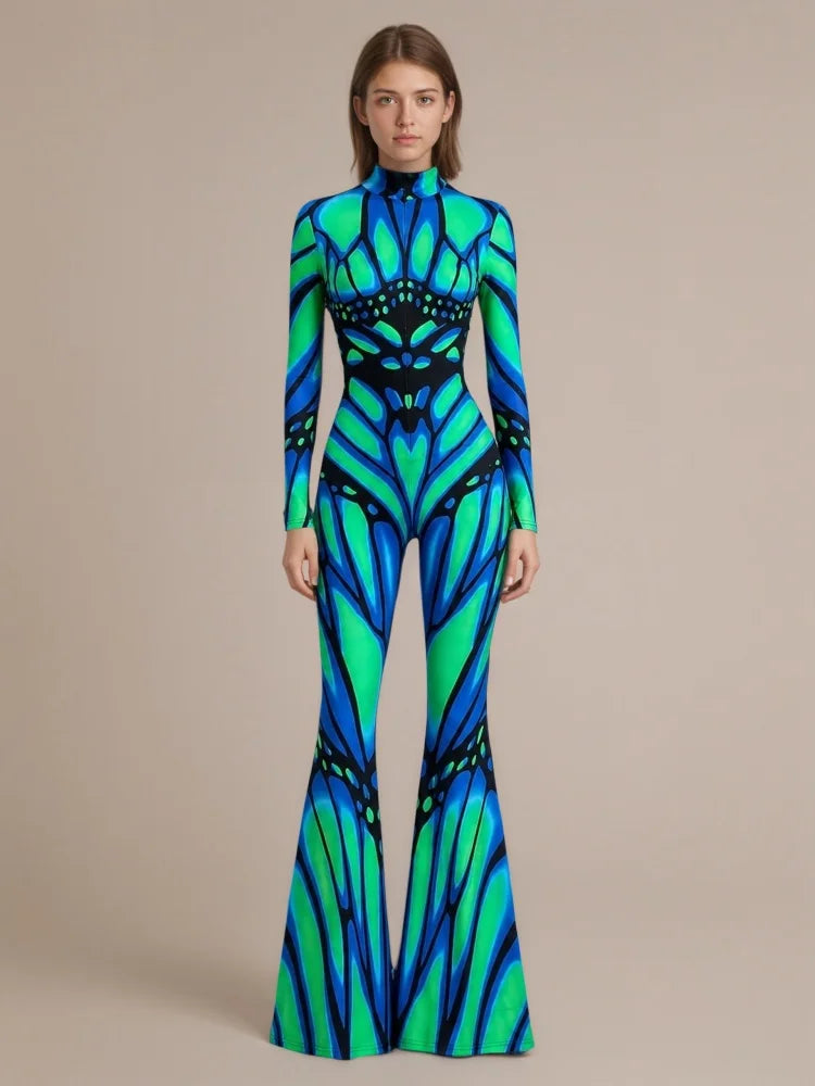 Women's Rainbow Skeleton Flared Catsuit Halloween Jumpsuit Halloween Costume Babs