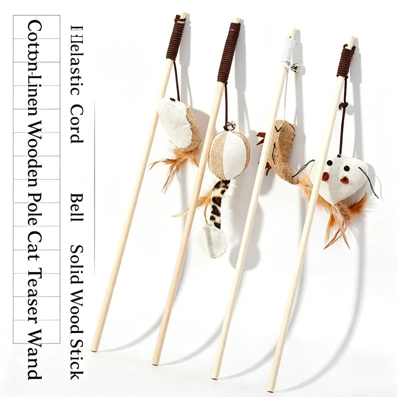 Wooden Cat Teaser Wand with Bell, Feather & Linen Kitten Toy Cat Teaser Wand Babs