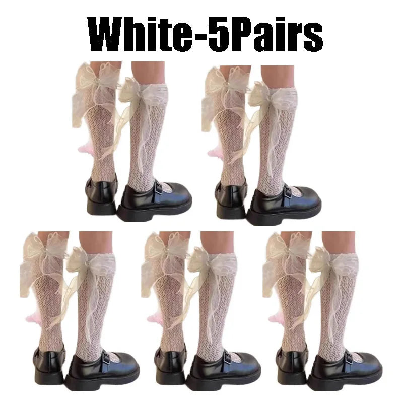 Lace Bow Thigh High Socks – Sheer Mesh Stockings for Women Thigh High Stockings Babs White--5Pairs 35-39