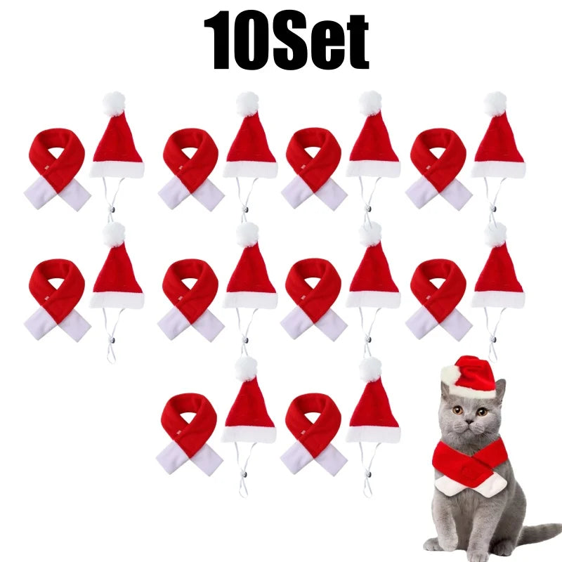 Christmas Santa Hat & Scarf Set for Cats & Small Dogs Pet Costume Set Babs 10Set M