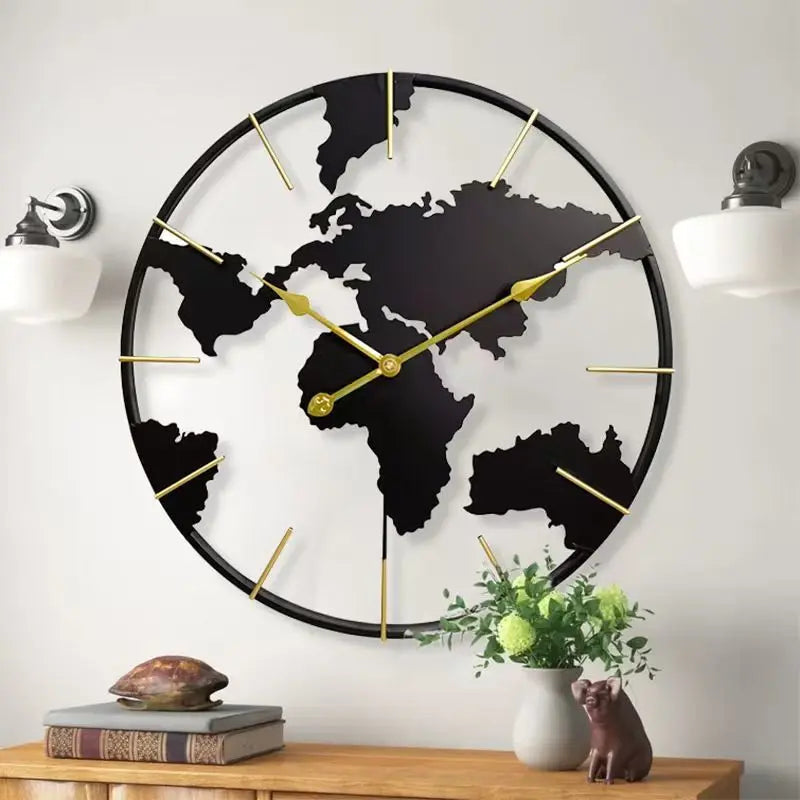 Modern Silent World Map Wall Clock – 60CM Metal Mural Wall Clock Babs