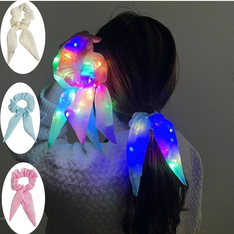 LED Light-Up Bow Scrunchie Glowing Hair Tie | Party Festival LED Hair Accessory Babs
