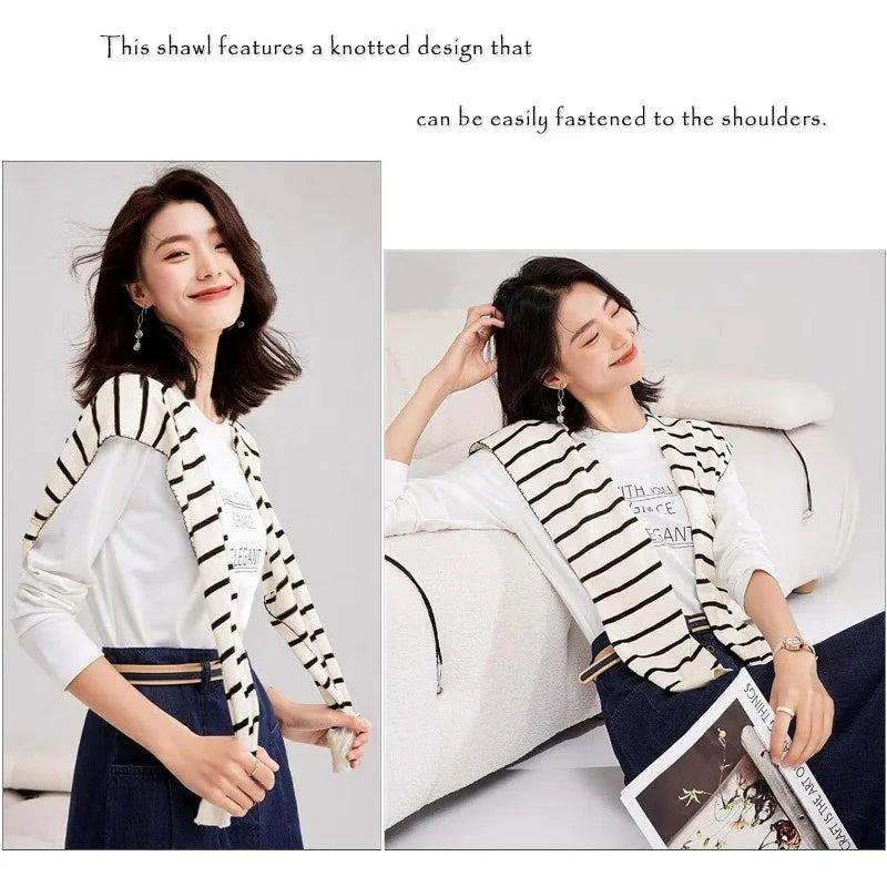 Korean Striped Knit Shawl Cape Scarf – Fake Collar, Unisex Knit Shawl Cape Babs