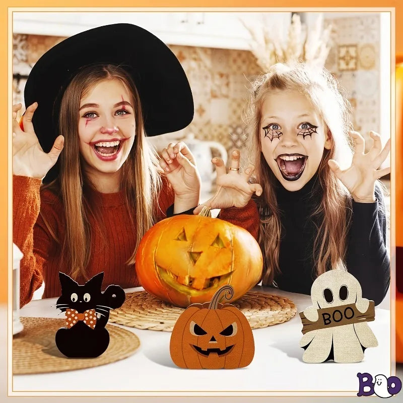 Halloween Wooden Table Decor Set – Black Cat, Pumpkin & Ghost Halloween Table Decor Babs