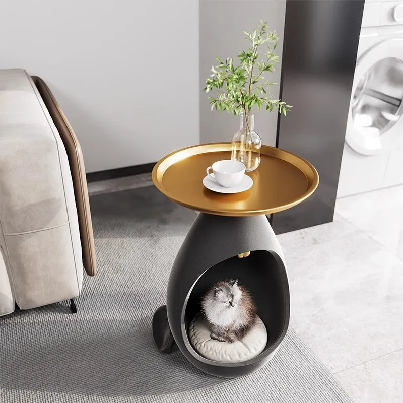 Nordic Round Coffee Table with Cat House & Storage | Modern Coffee Side Table Babs