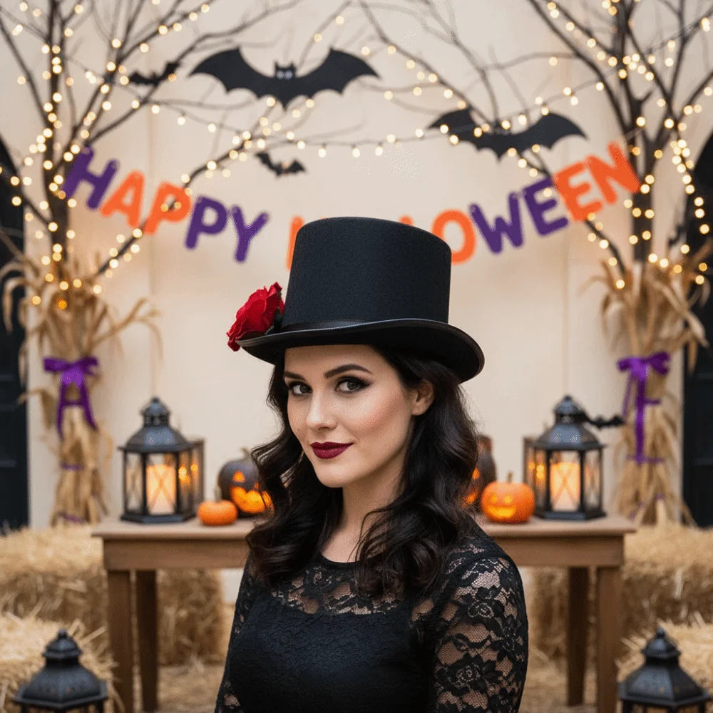 Gothic Top Hat with Artificial Rose – Black & Red Magician Fedora Gothic Costume Hat Babs