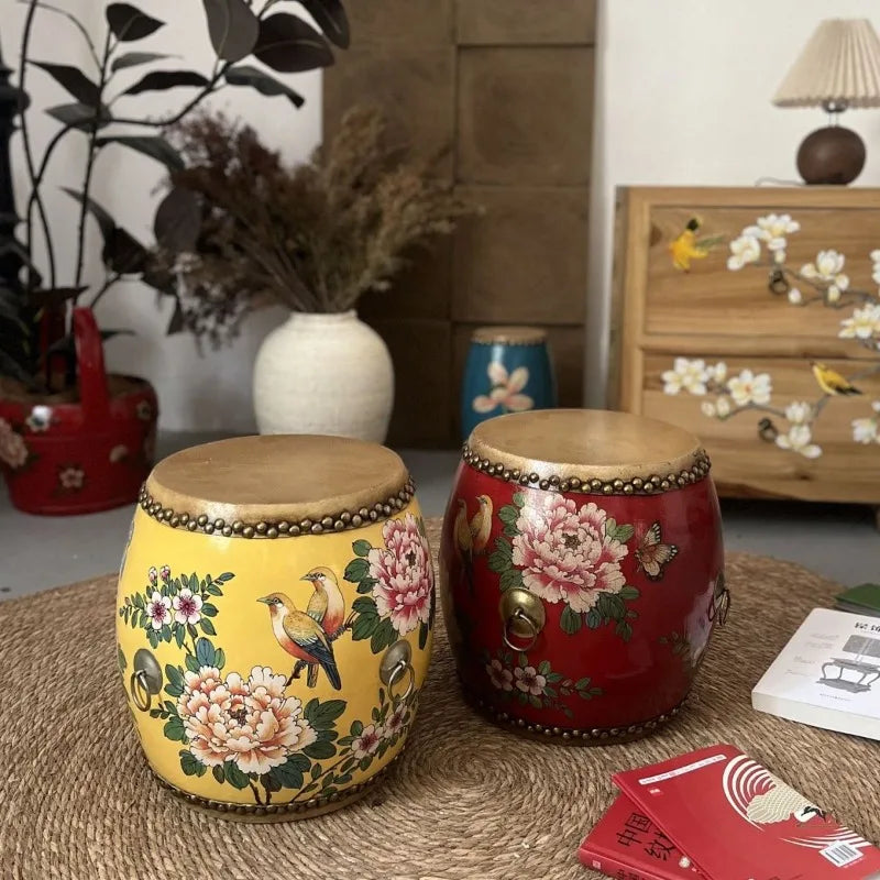 Retro Wooden Drum Stool | Genuine Leather Round Ottoman Decorative Ottoman Stool Babs