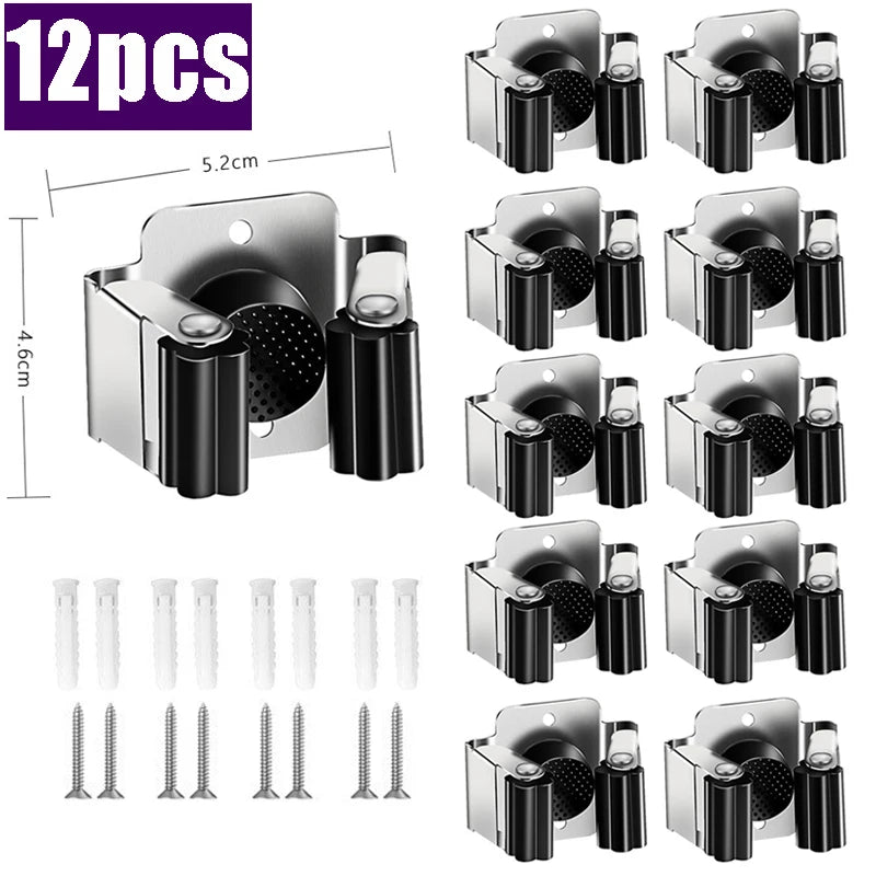 Stainless Steel Wall-Mounted Mop & Broom Clip Holder Rack Mop Broom Holder Babs Black-12pcs