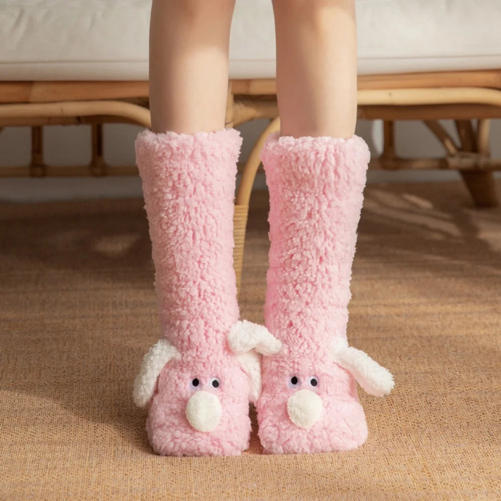 Women's Plush 3D Dog Slipper Socks | Non-Slip Cozy Footwear Plush Slipper Socks Babs Pink One Size