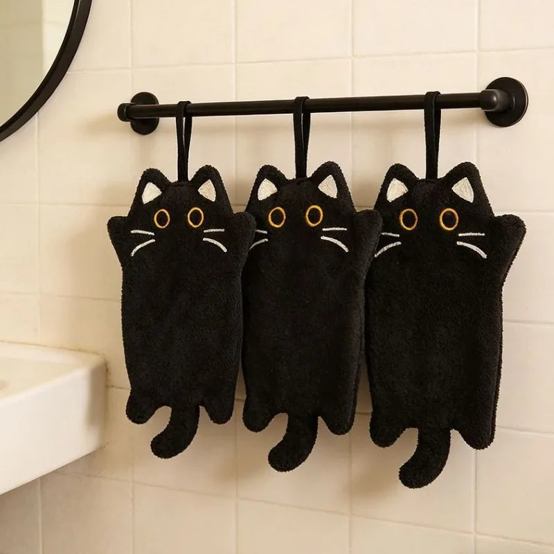 Cute Black Cat Hanging Hand Towel – Soft Coral Fleece, 30x19cm Hand Towel Babs