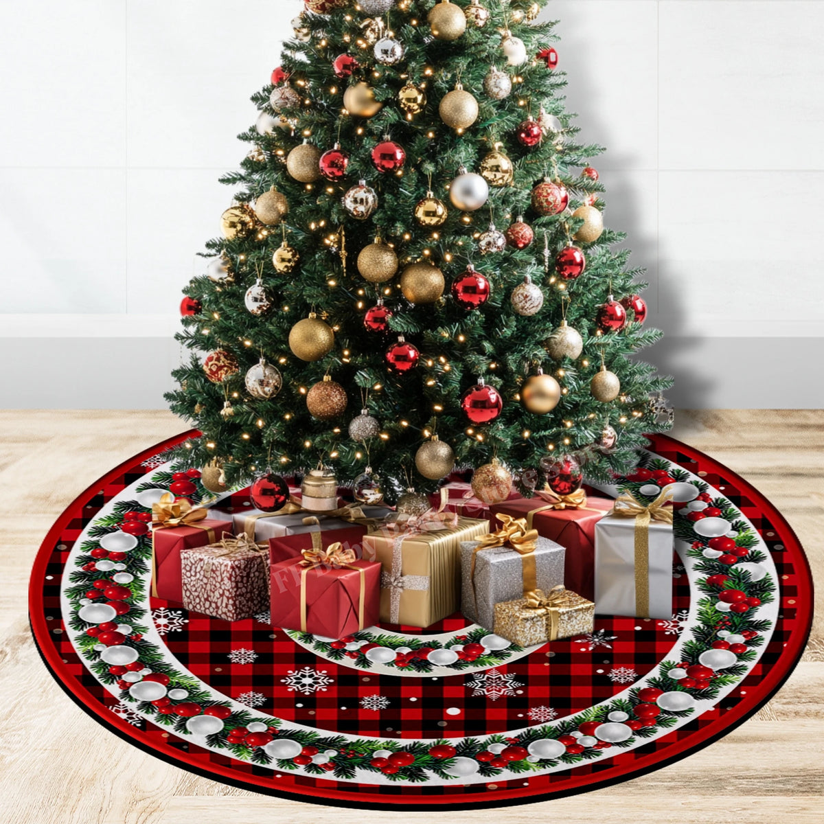 Plush Snowflake Christmas Tree Skirt – Gold Silver Holiday Decor Christmas Tree Skirt Babs
