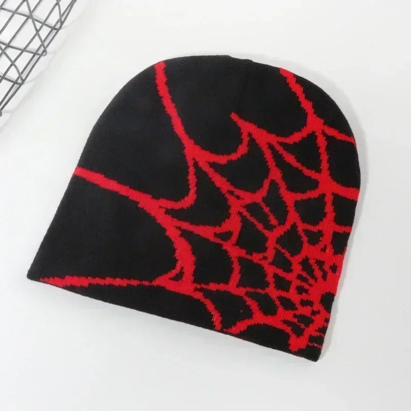 Spider Web Knit Beanie Hat – Y2K Goth Skullies Cap Men Women Knit Beanie Hat Babs BkRed One Size