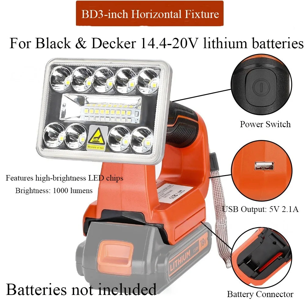 18V/20V Compatible Cordless LED Work Light – 3 Modes + USB Cordless Work Light Babs For Black Decker