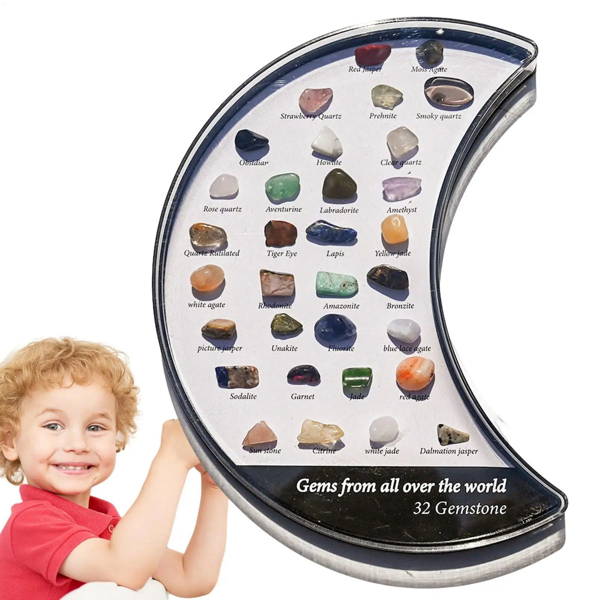 32-Piece Crystal Rock & Mineral Specimen Collection Display Box Crystal Specimen Set Babs