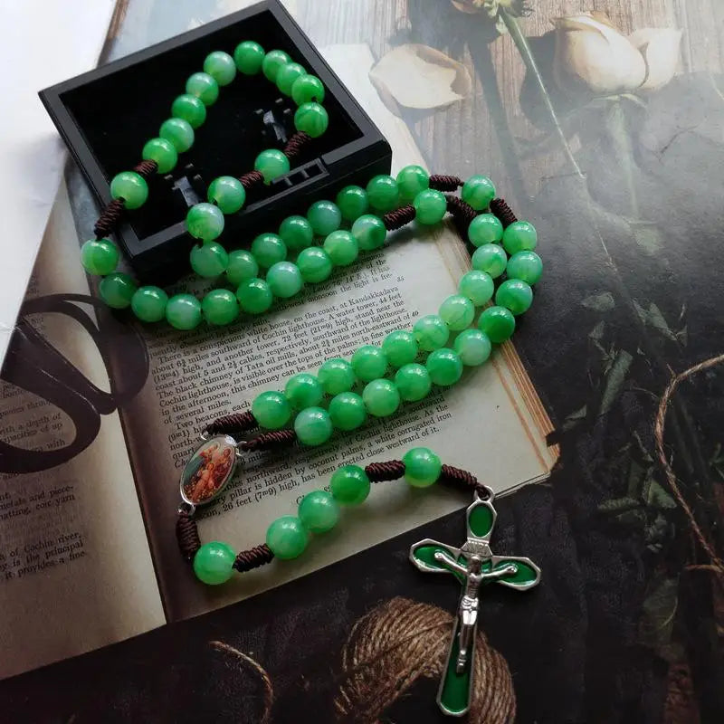 Green 59-Bead Cross Rosary Pendant Necklace – Unisex Rosary Pendant Necklace Babs