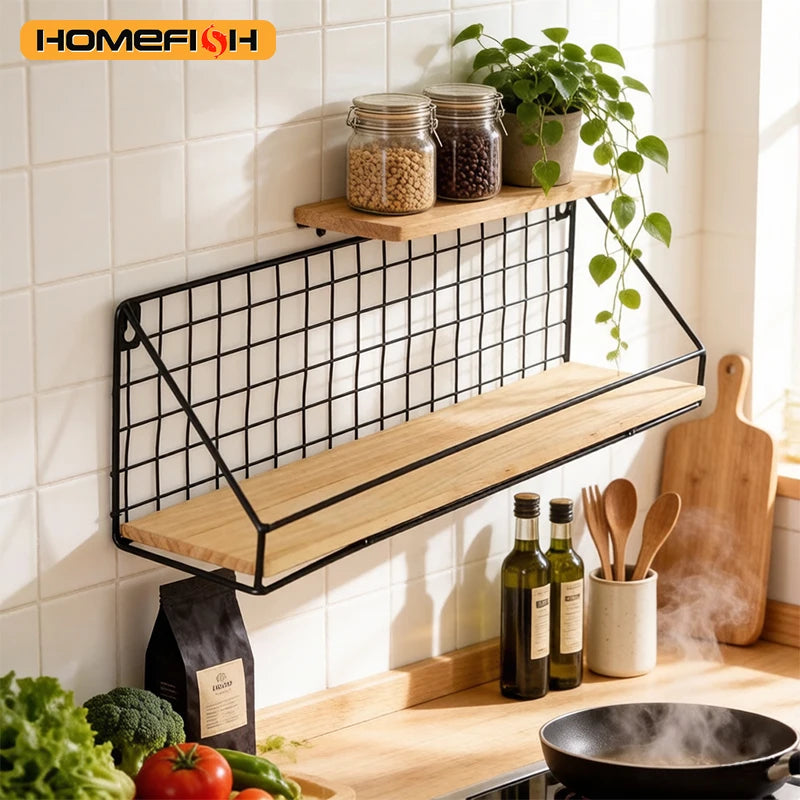 Wall Mounted Iron & Wood Floating Storage Shelf | Space Saving Floating Wall Shelf Babs