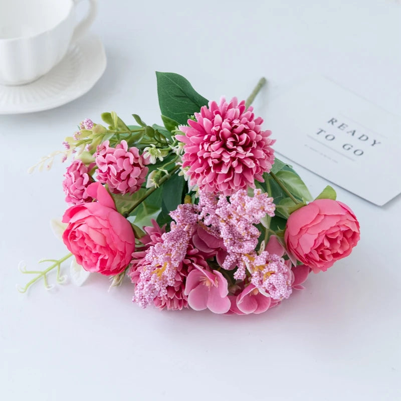 Silk Peony & Hydrangea Artificial Flower Bouquet | Wedding Décor Artificial Flower Bouquet Babs Rose Red 1 pc