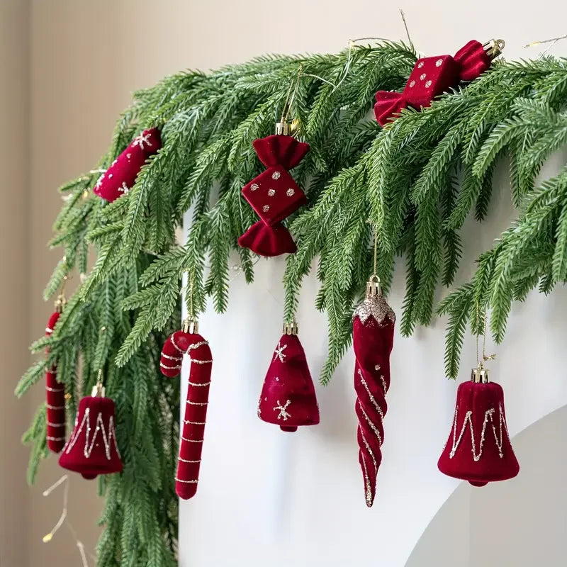 2pcs Velvet Christmas Ornaments – Burgundy Red Bell Candy Cane Christmas Tree Ornaments Babs