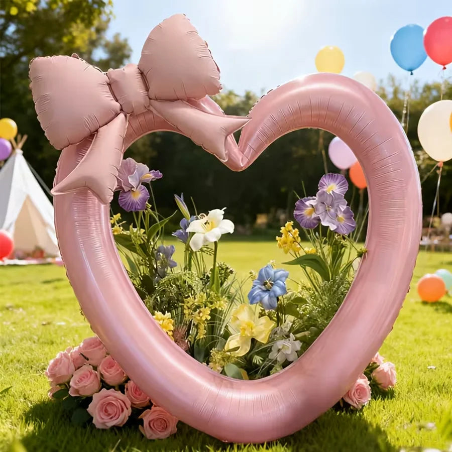 2pcs Hollow Heart Foil Balloons Pink Bow – Party Wedding Décor Foil Party Balloons Babs