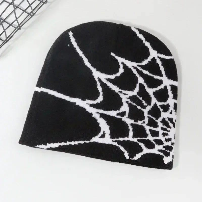 Spider Web Knit Beanie Hat – Y2K Goth Skullies Cap Unisex Knit Beanie Hat Babs Black white One Size
