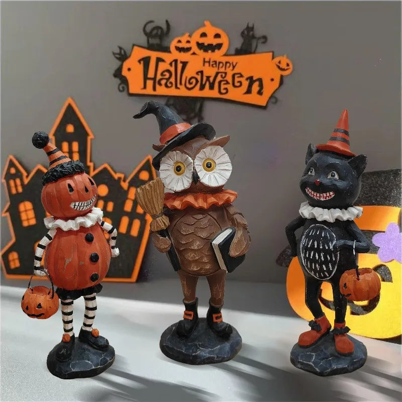 Halloween Pumpkin Owl Black Cat Resin Figurine Ornaments Halloween Figurine Set Babs
