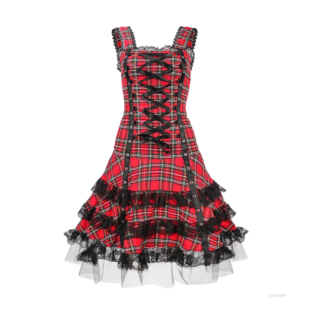 Lolita Gothic Plaid Midi Dress – Lace Ruffle Cosplay Costume Gothic Lolita Dress Babs