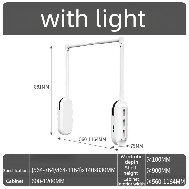 Electric Lifting Clothes Rack – Telescopic Wardrobe Closet Organizer Electric Clothes Rack Babs White-with Light