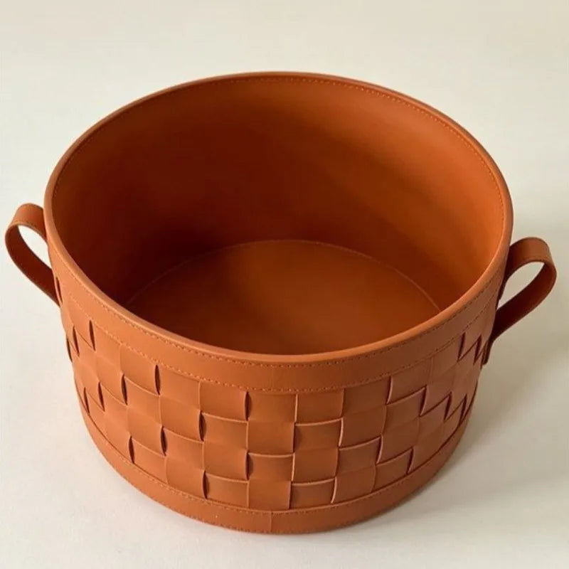 Luxury Leather Woven Storage Basket with Lid | Bedroom Organizer Storage Basket Babs