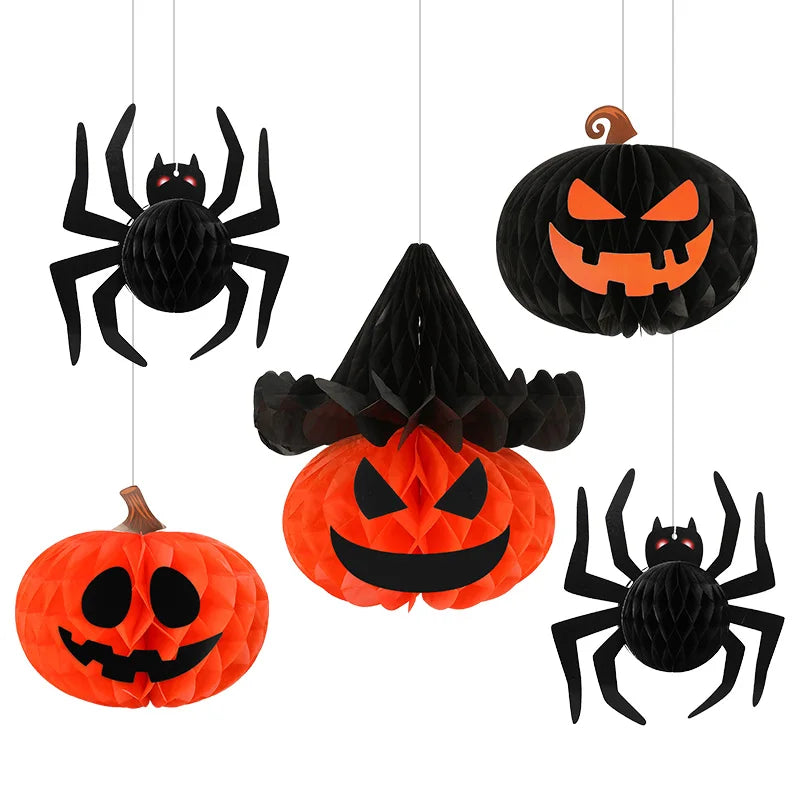 5-Piece Halloween Honeycomb Ball Set – Pumpkin & Spider Decor Halloween Hanging Decor Babs 5Pcs Set