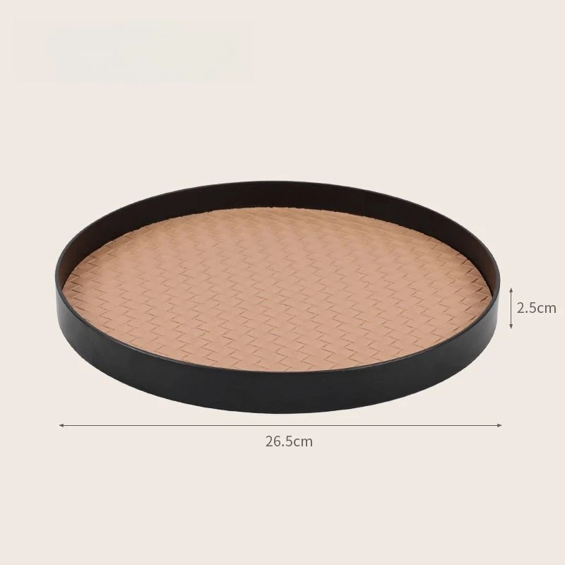 Nordic Round Leather Storage Tray | Modern Home Organizer Decorative Storage Tray Babs Black-Light Brown