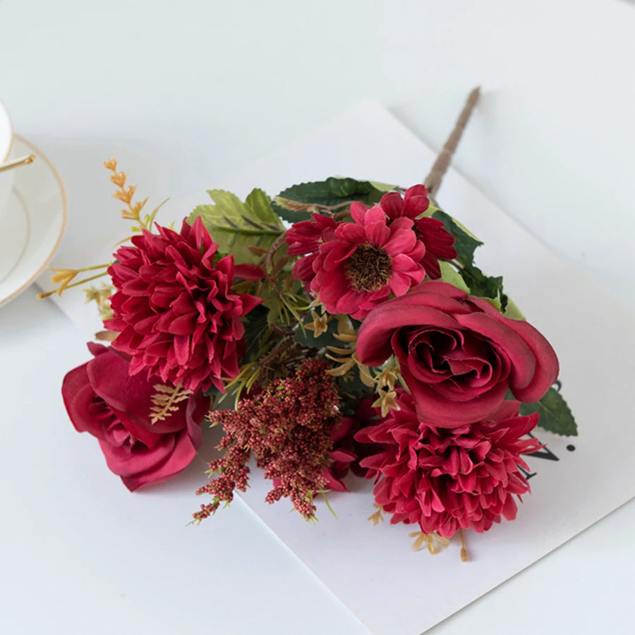 Silk Roses & Chrysanthemum Artificial Bouquet | Home & Wedding Artificial Flower Bouquet Babs color 3 1pc