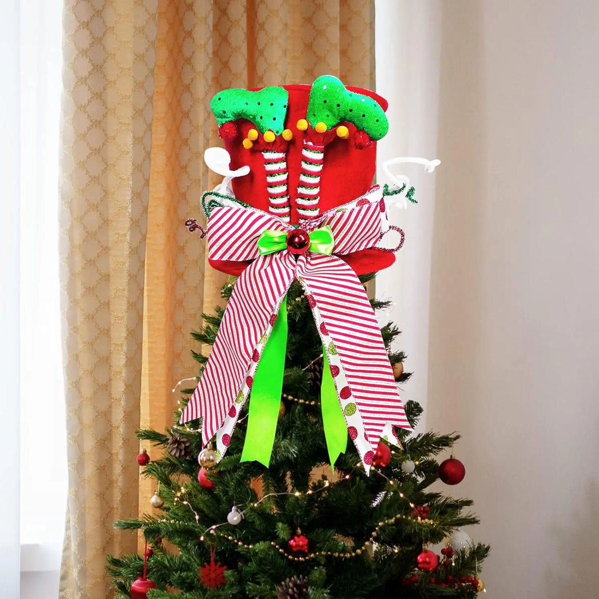 Christmas Tree Topper Velvet Hat – Elf Legs & Bowknot Decor Christmas Tree Topper Babs