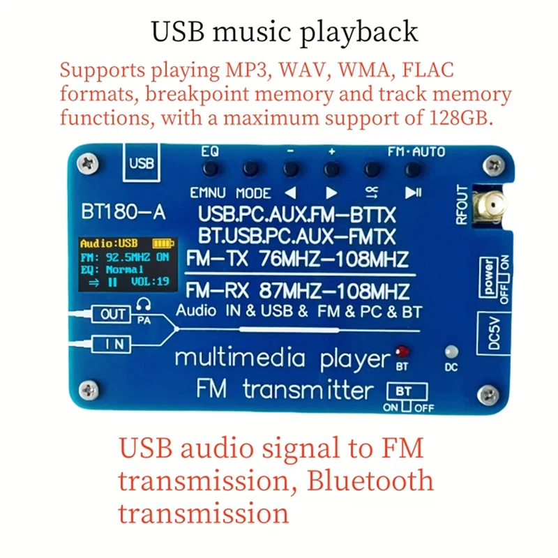 BT180-A 6-in-1 FM Transmitter Bluetooth Audio Decoder & Radio FM Audio Transmitter Babs