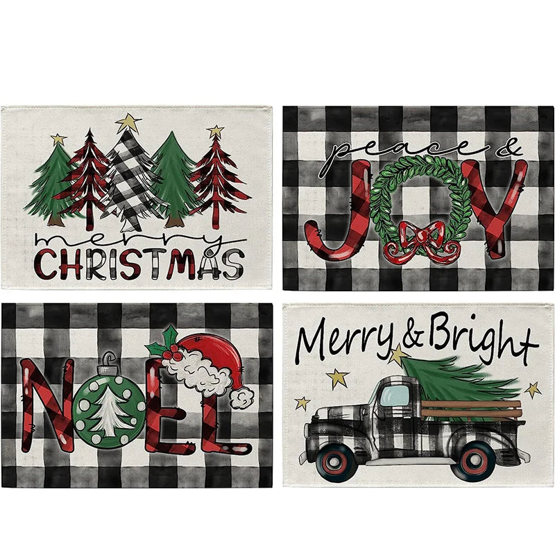 4Pcs Christmas Linen Placemats Set – Elk & Tree Table Mats Linen Placemats Set Babs SET-A Rectangle 45x30cm