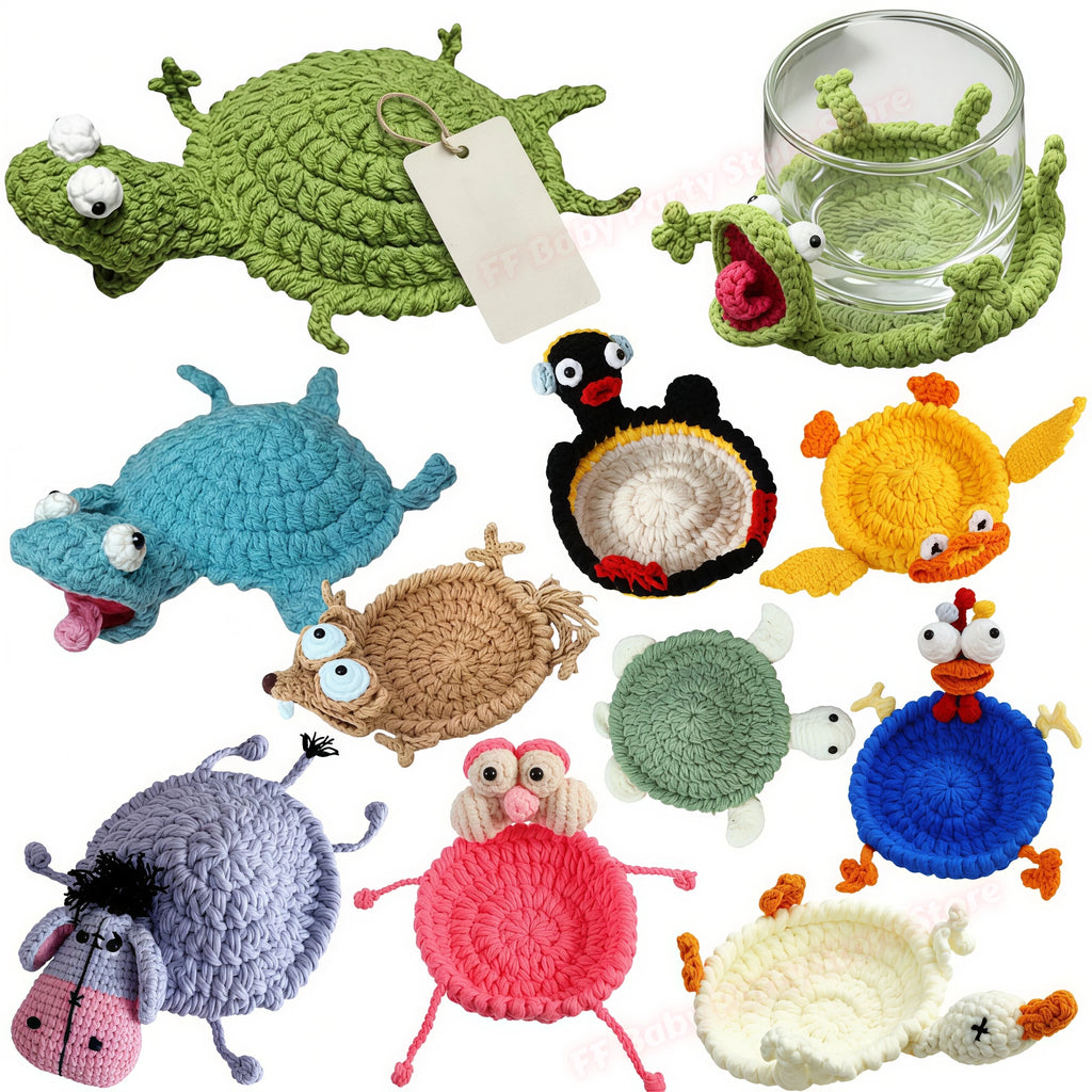 Handwoven Animal Crochet Cup Coasters – Kawaii 3D Desk Decor Crochet Cup Coaster Babs