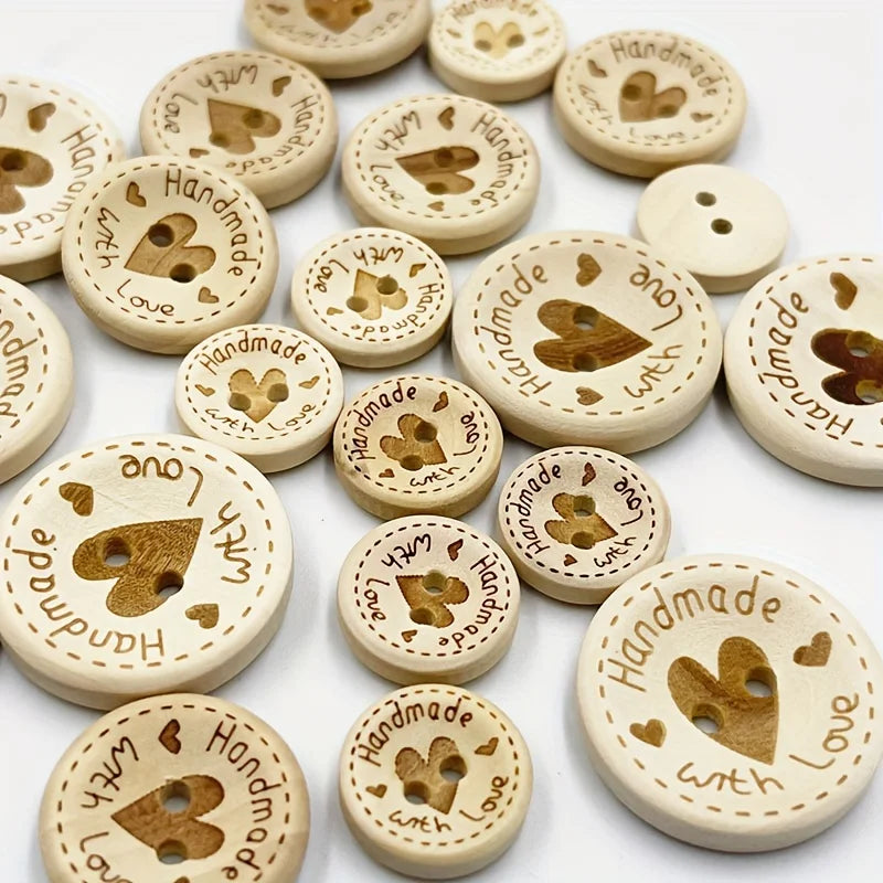 100pcs Heart-Shaped Wooden Buttons – 15mm 20mm 25mm Assorted Wooden Craft Buttons Babs