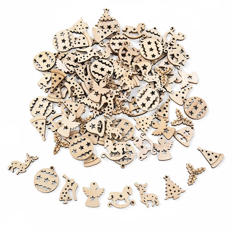 50Pcs Unfinished Christmas Wooden Ornaments DIY Tree Pendants Christmas Wood Ornaments Babs