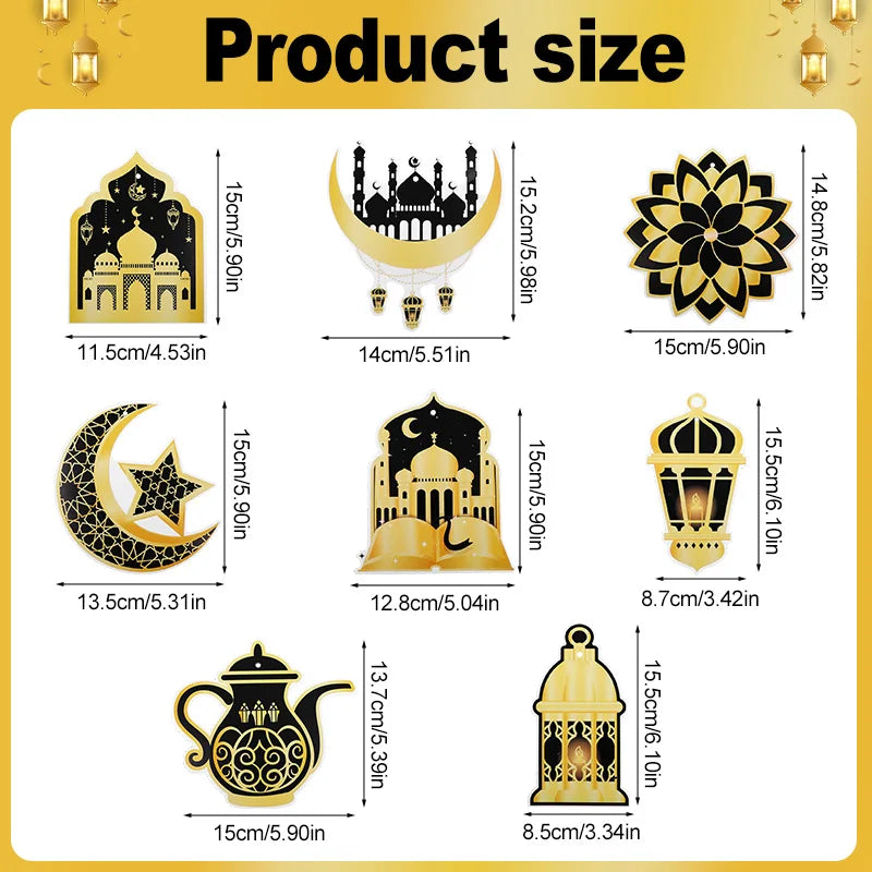 8pcs Eid Mubarak Gold Banner & Spiral Pendants Ramadan Decor Holiday Party Decorations Babs